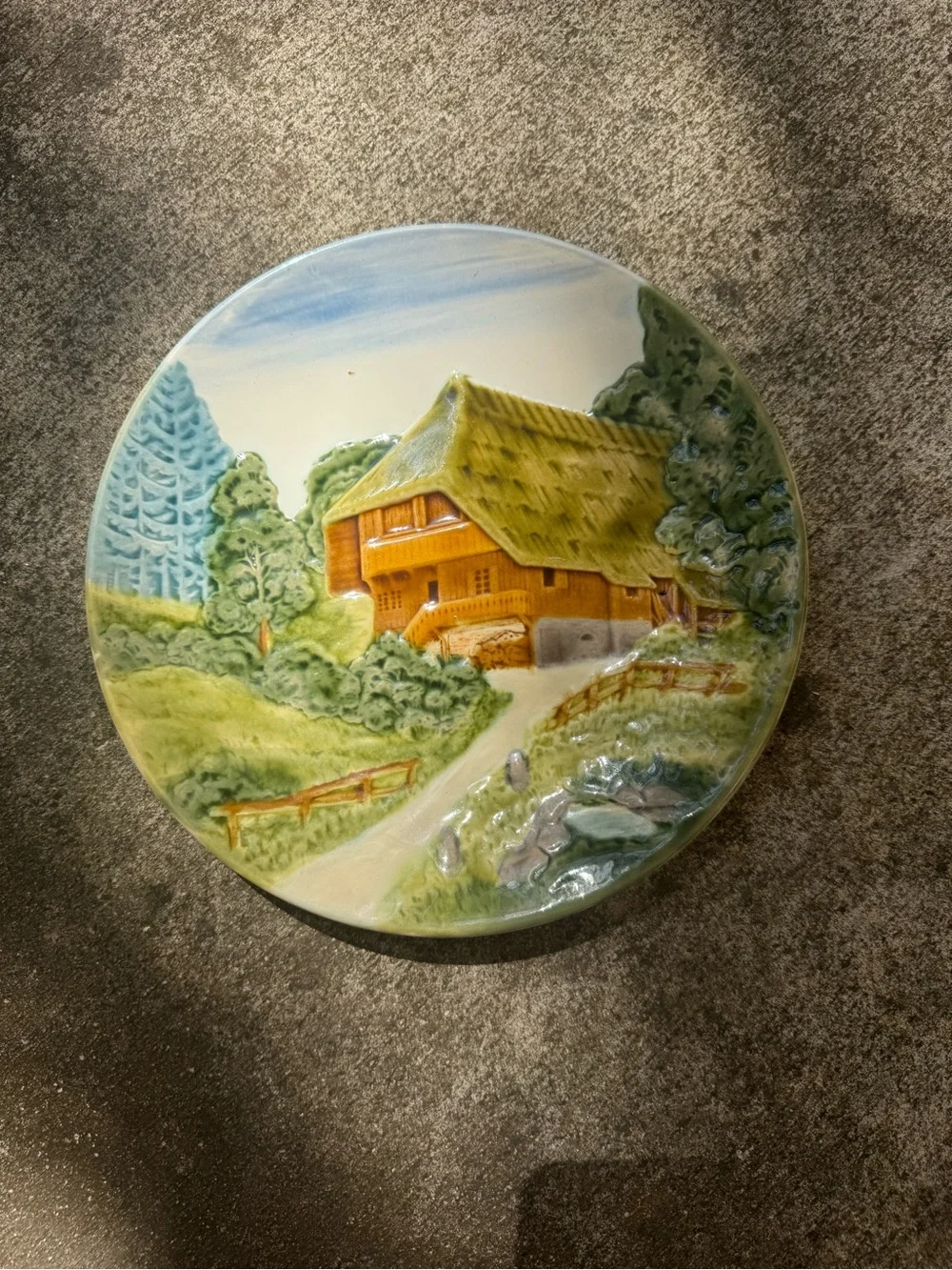 Hand-Painted Cottage Scene Ceramic Wall Plaque - Green and Yellow